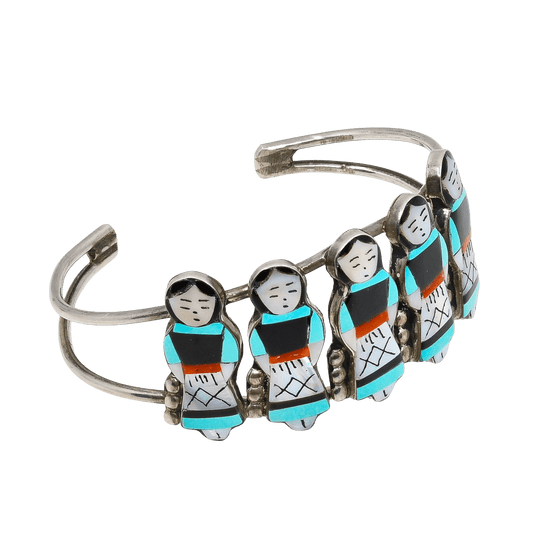 Vintage Zuni Bracelet of Inlay Maidens by Theresa Waseta - Turquoise & Tufa