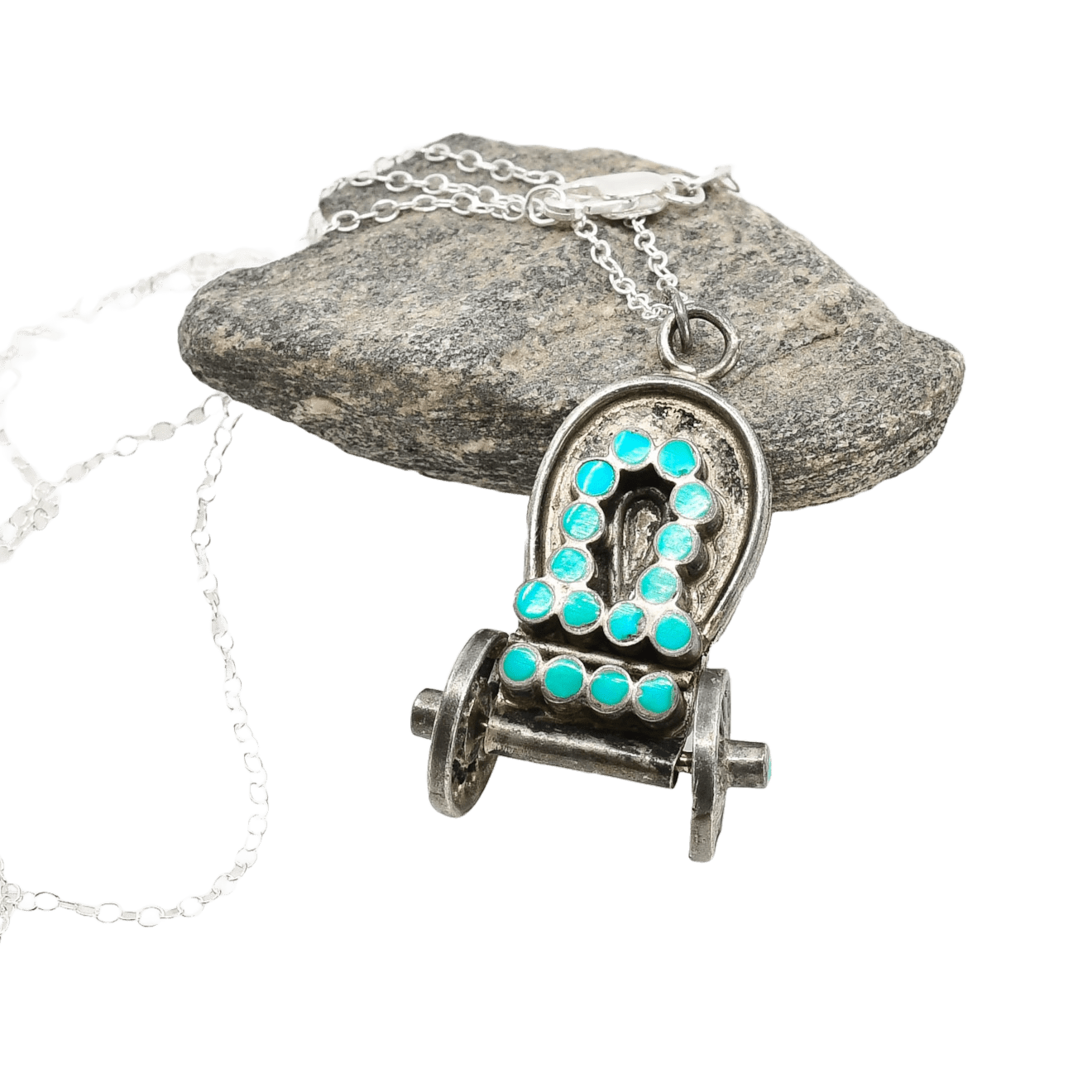 Vintage Zuni Covered Wagon Pendant by Vincent and Marvina Dishta - Turquoise & Tufa