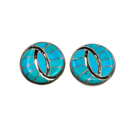 Vintage Zuni Earrings of Turquoise Channel Inlay in Hummingbird Design - Turquoise & Tufa