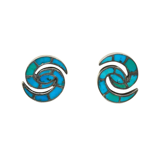 Vintage Zuni Earrings of Turquoise Hummingbird Inlay - Turquoise & Tufa