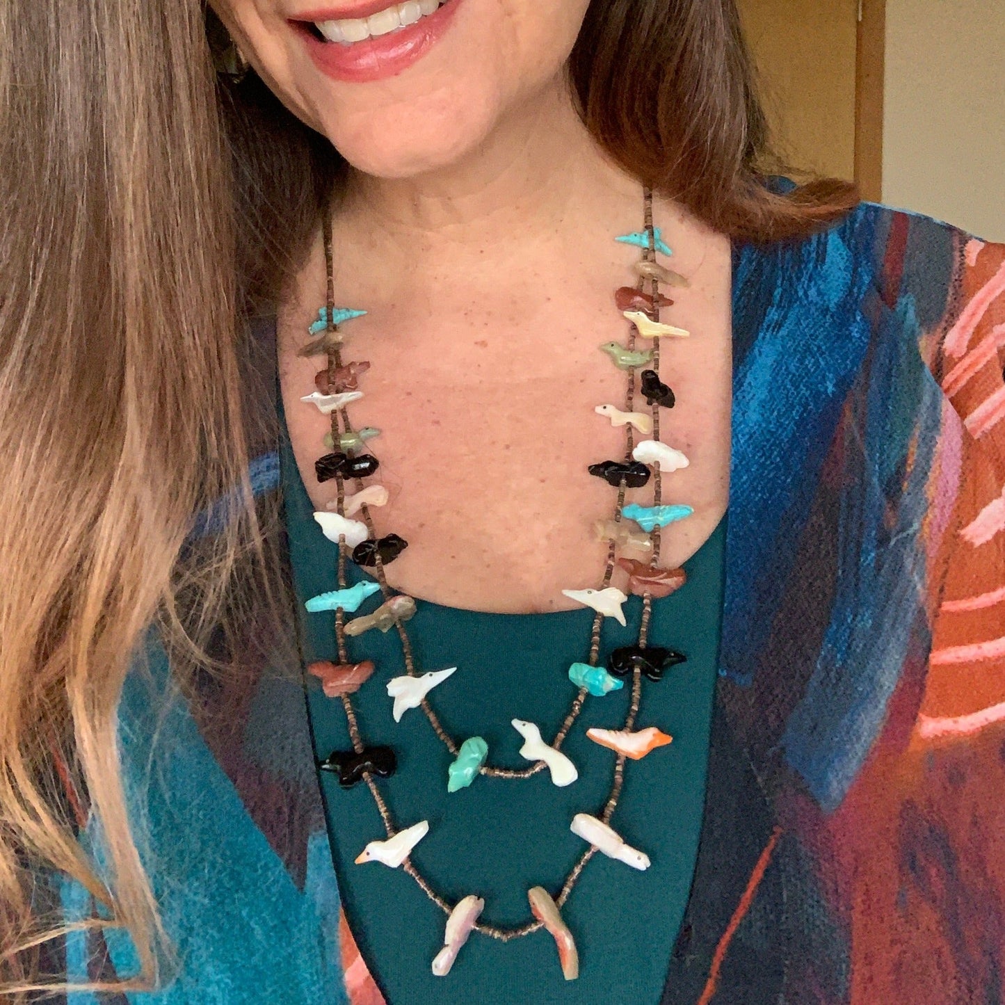 Vintage Zuni Fetish Necklace Two Strands Multiple Animals - Turquoise & Tufa