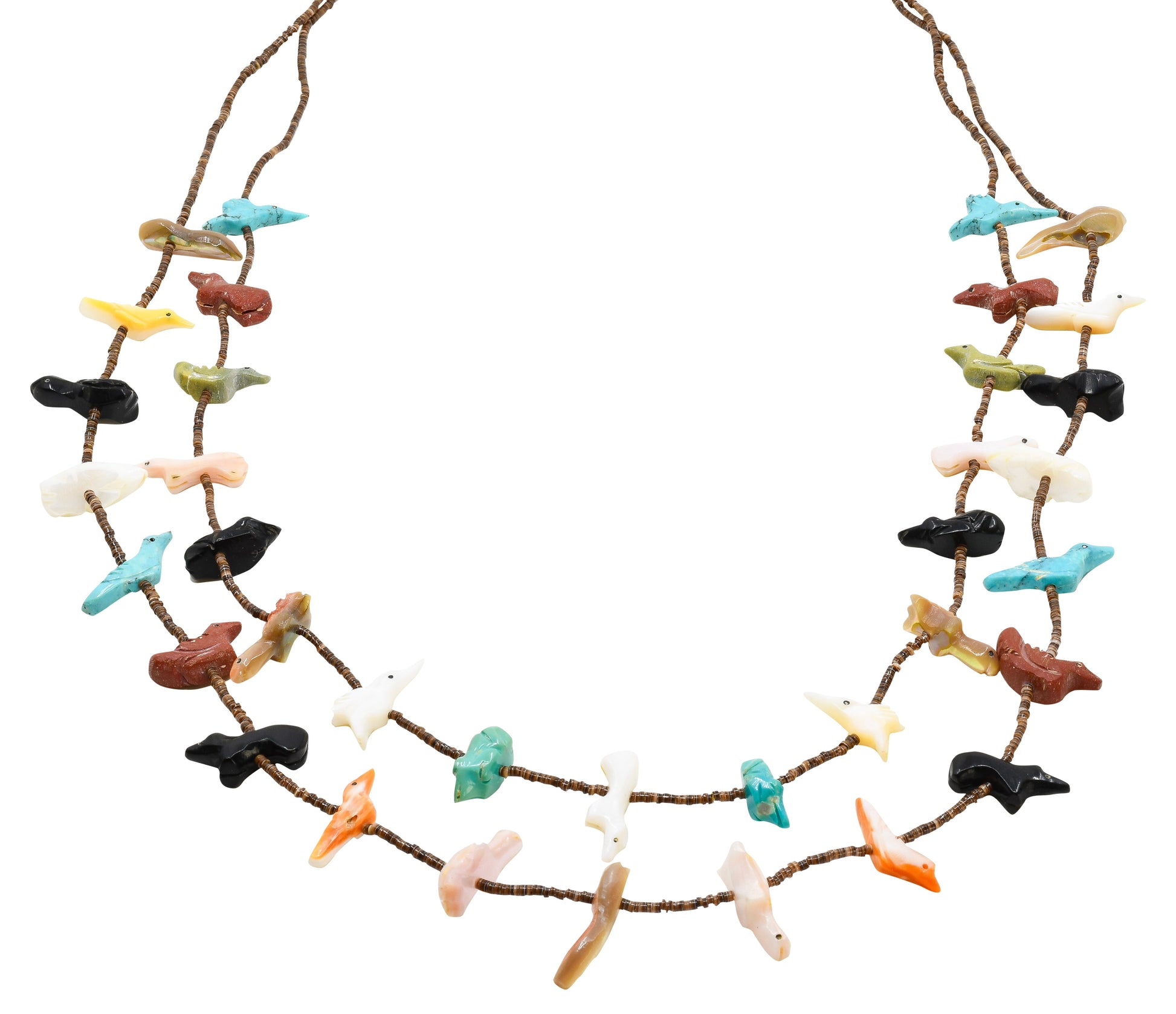 Vintage Zuni Fetish Necklace Two Strands Multiple Animals - Turquoise & Tufa