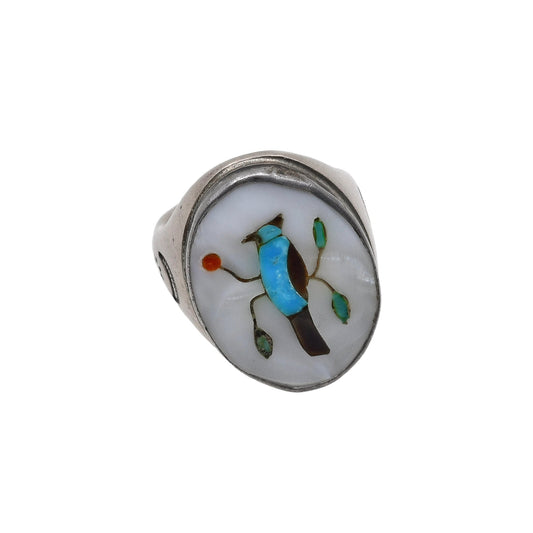 Vintage Zuni Inlay Blue Jay Men's Ring - Turquoise & Tufa