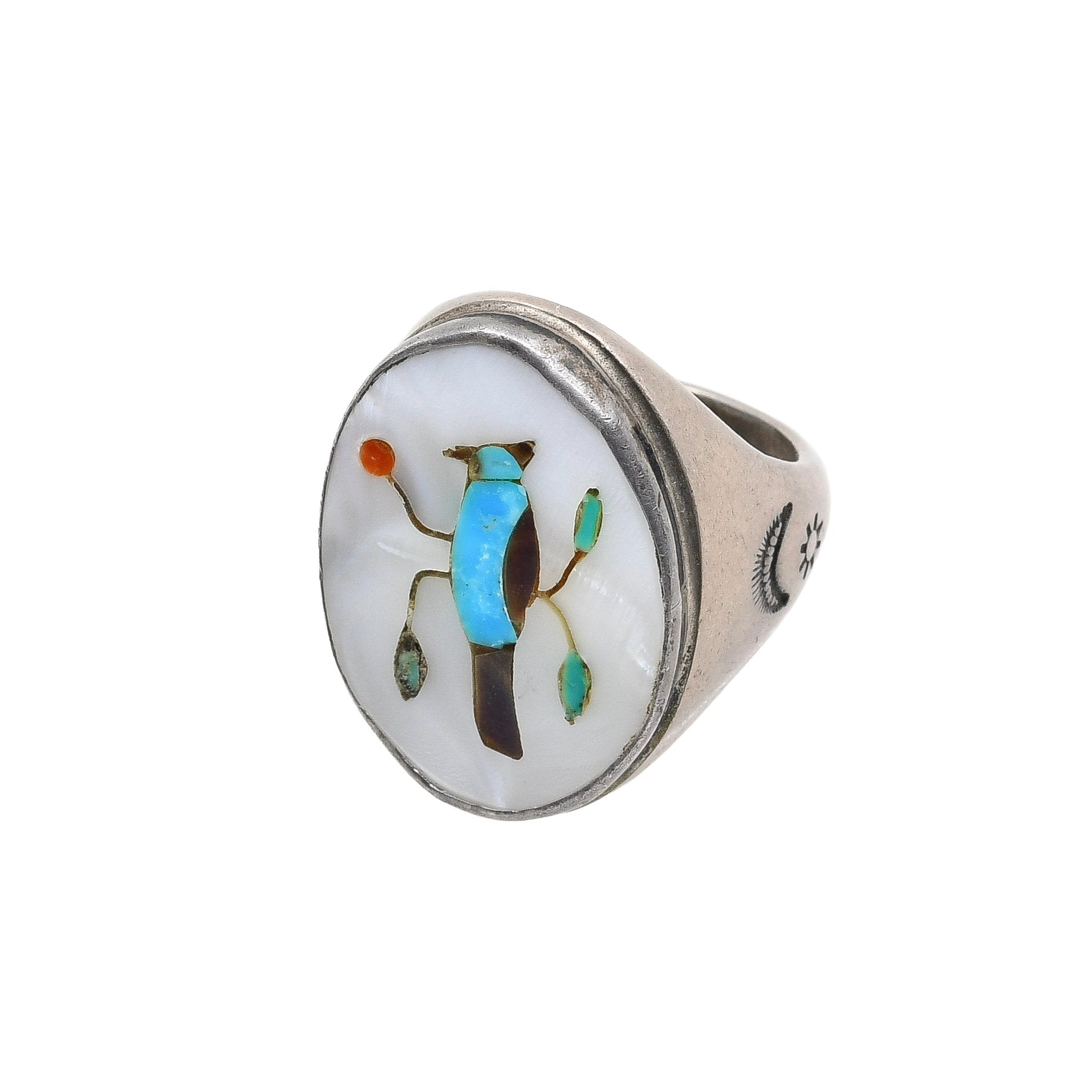 Vintage Zuni Inlay Blue Jay Men's Ring - Turquoise & Tufa