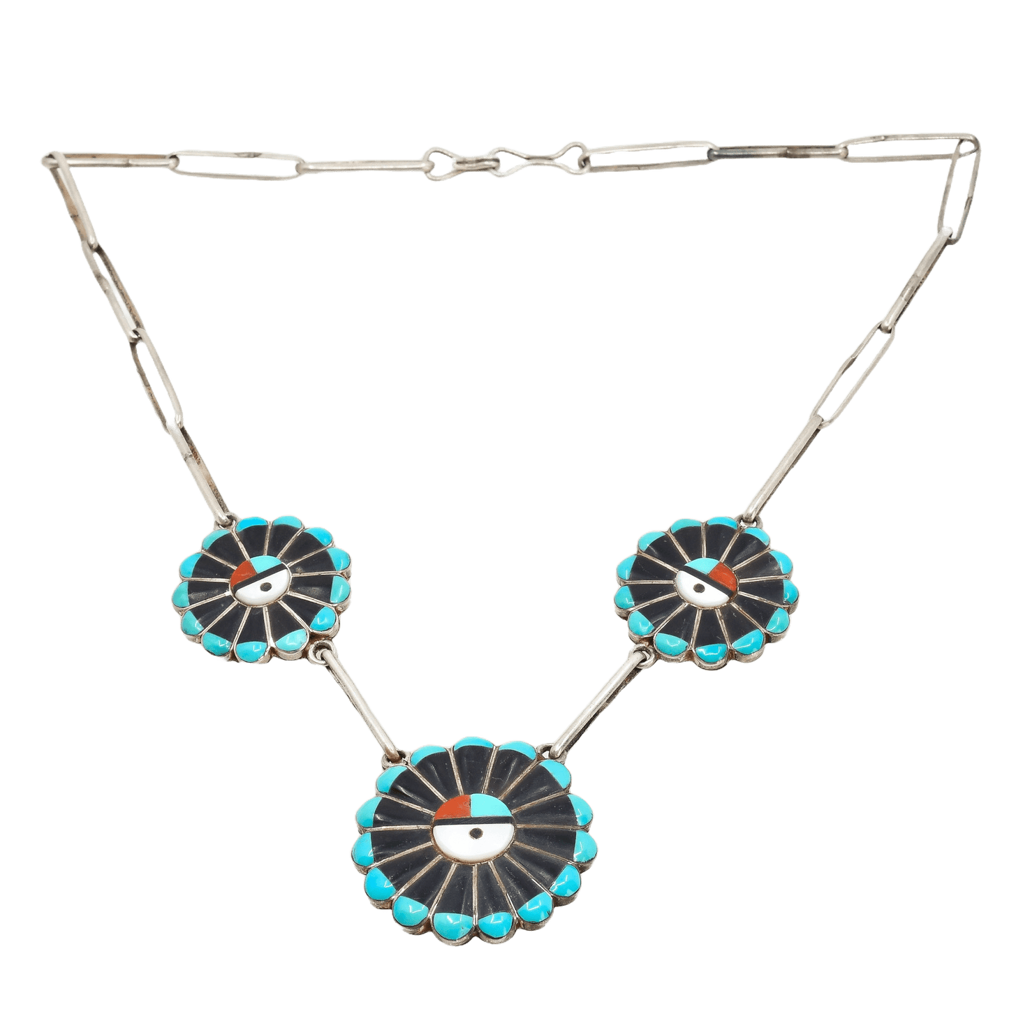 Vintage Zuni Inlay Sunface Necklace of Turquoise and Jet - Turquoise & Tufa