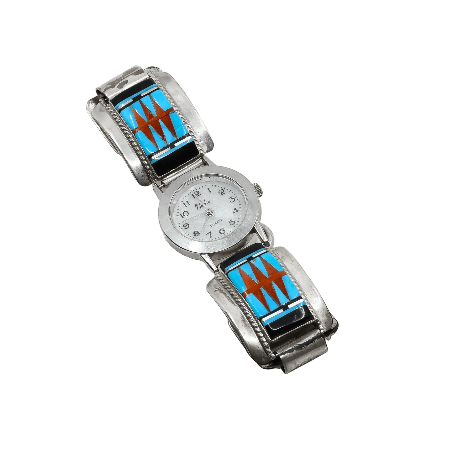 Vintage Zuni Inlay Watch Band With Sunfaces By RJ Edaakie - Turquoise & Tufa