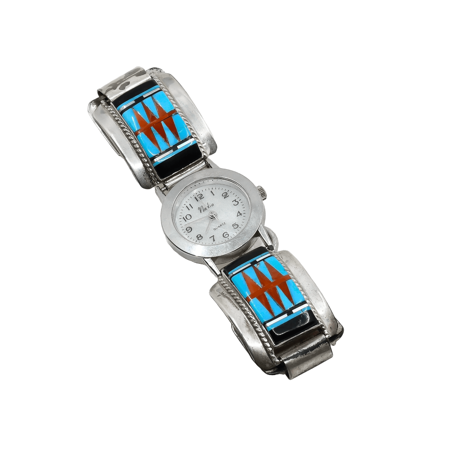 Vintage Zuni Inlay Watch Band With Sunfaces By RJ Edaakie - Turquoise & Tufa