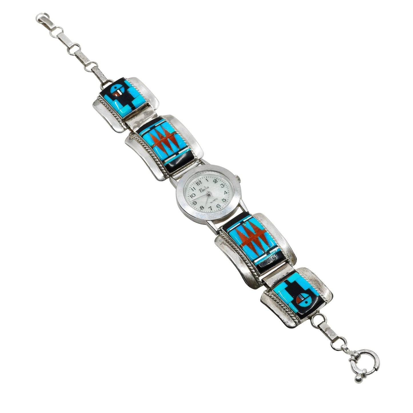Vintage Zuni Inlay Watch Band With Sunfaces By RJ Edaakie - Turquoise & Tufa