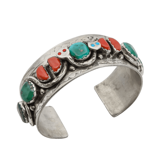 Vintage Zuni Snake Bracelet of Turquoise and Coral By Effie Calavaza - Turquoise & Tufa