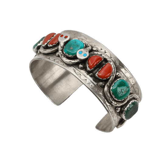 Vintage Zuni Snake Bracelet of Turquoise and Coral By Effie Calavaza - Turquoise & Tufa