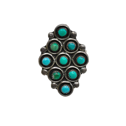 Vintage Zuni Turquoise Ring With 9 Snake Eye Stones - Turquoise & Tufa