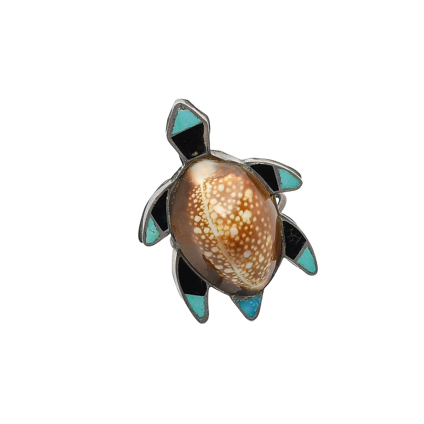 Vintage Zuni Turtle Ring of Inlaid Jet and Turquoise With Shell - Turquoise & Tufa