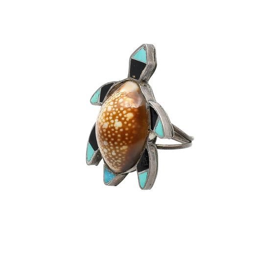 Vintage Zuni Turtle Ring of Inlaid Jet and Turquoise With Shell - Turquoise & Tufa