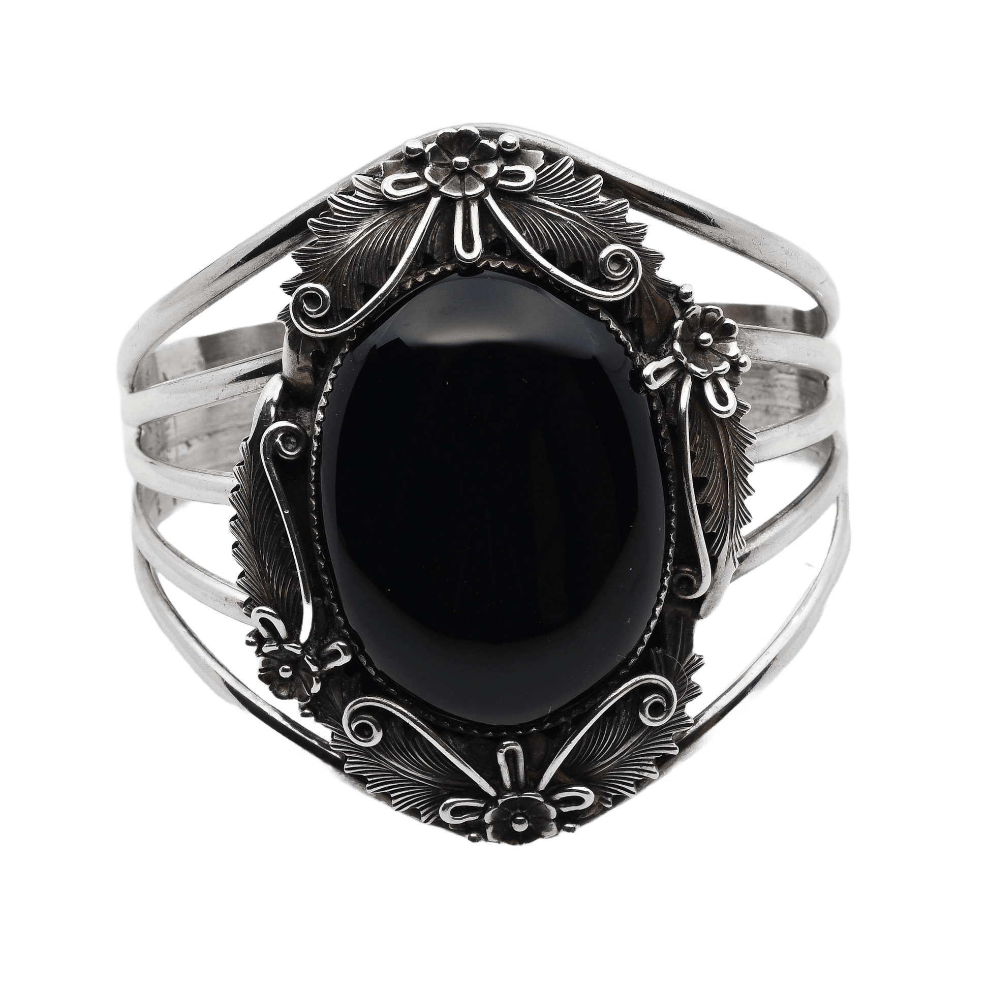 Wide Navajo Silver Strand Bracelet With Large Onyx Stone By Peterson Johnson - Turquoise & Tufa