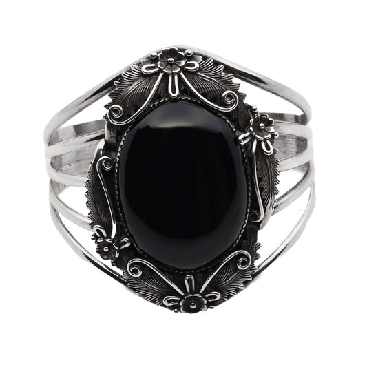 Wide Navajo Silver Strand Bracelet With Large Onyx Stone By Peterson Johnson - Turquoise & Tufa