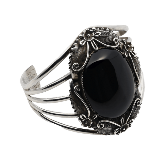 Wide Navajo Silver Strand Bracelet With Large Onyx Stone By Peterson Johnson - Turquoise & Tufa