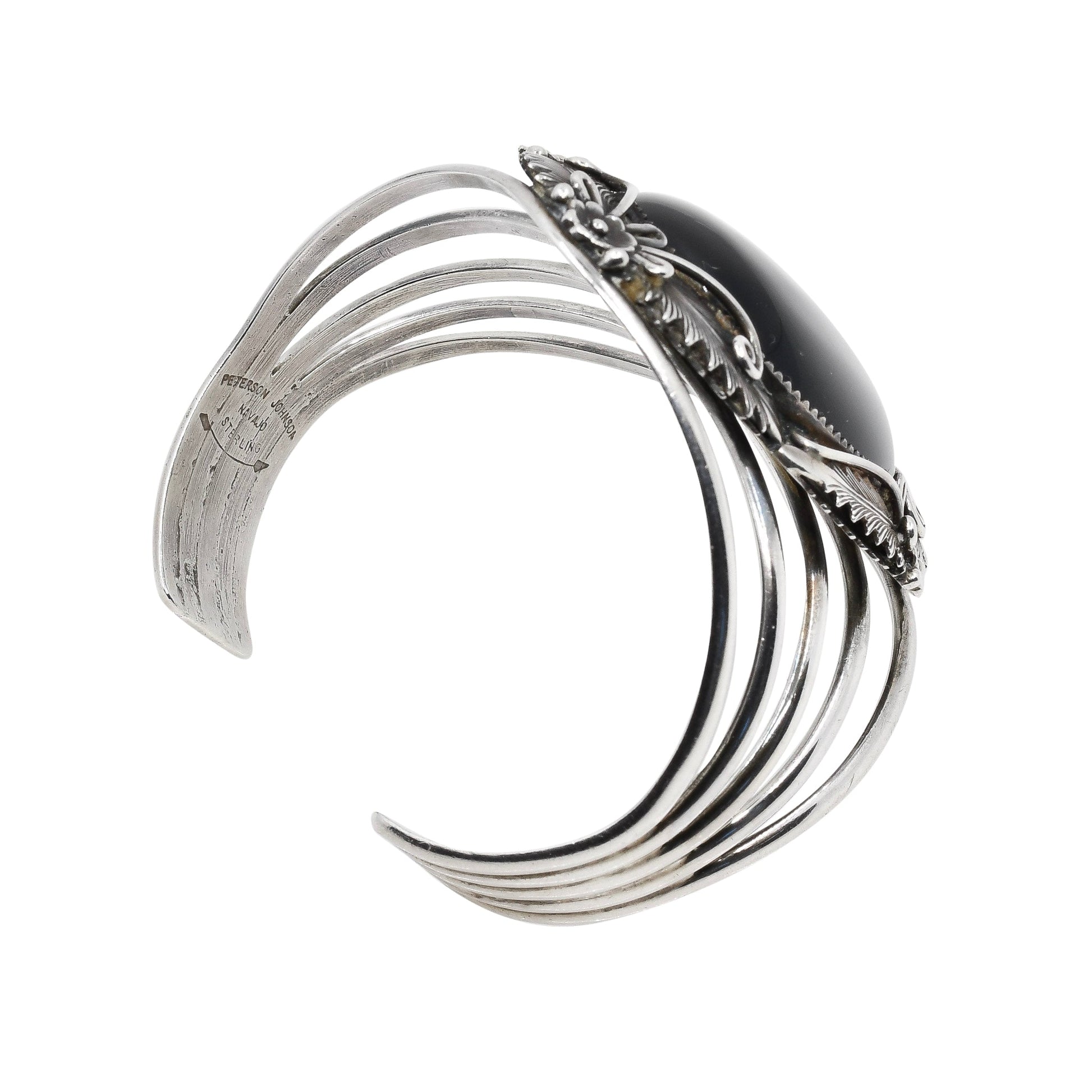 Wide Navajo Silver Strand Bracelet With Large Onyx Stone By Peterson Johnson - Turquoise & Tufa