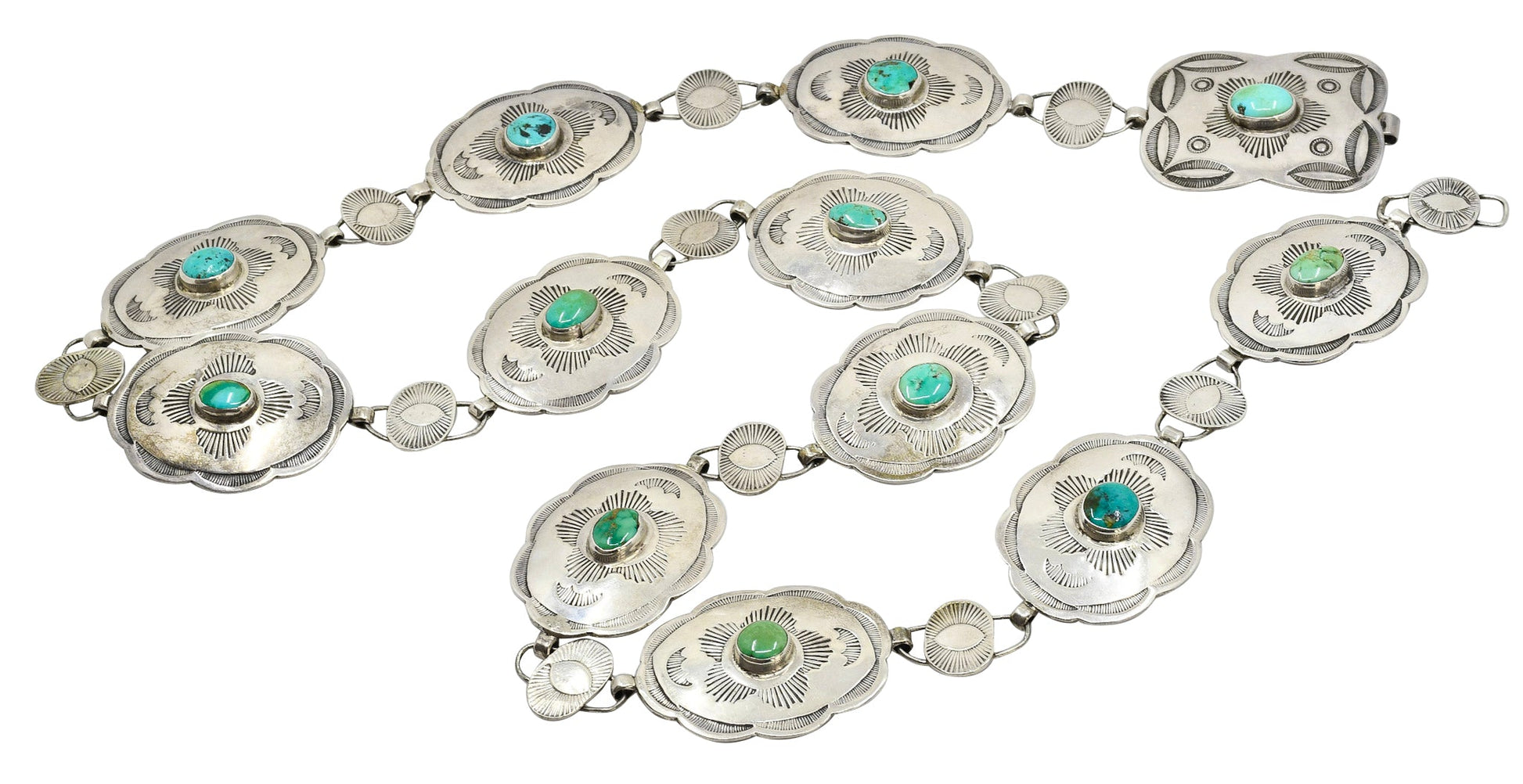 1930's Navajo Silver Link Belt With Natural Turquoise - Turquoise & Tufa