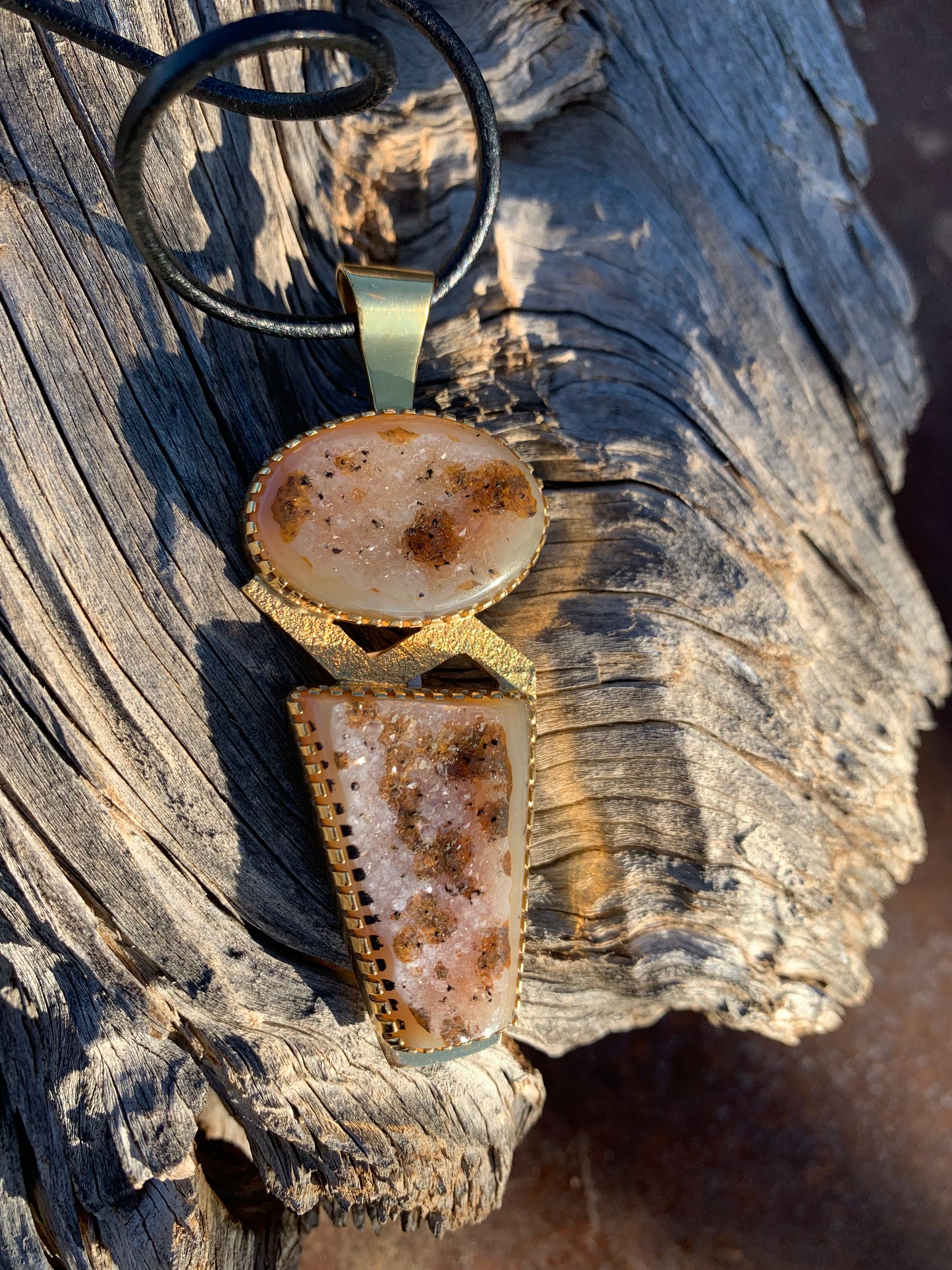 Gail Bird And Yazzie Johnson Pendant of Spotted Drusy Quartz in 18kt - Turquoise & Tufa