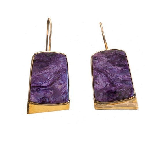 Gail Bird and Yazzie Johnson Earrings of Purple Charoite and 14kt Gold Drops