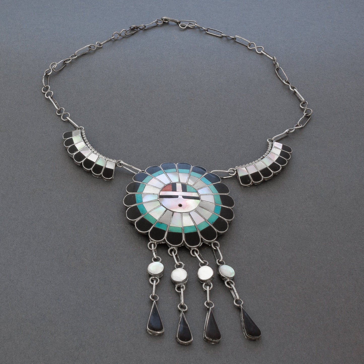 Vintage Zuni Inlay Sun God Dangle Necklace By J.D. Massie