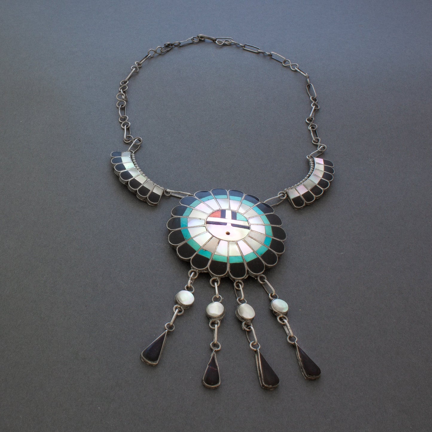 Vintage Zuni Inlay Sun God Dangle Necklace By J.D. Massie