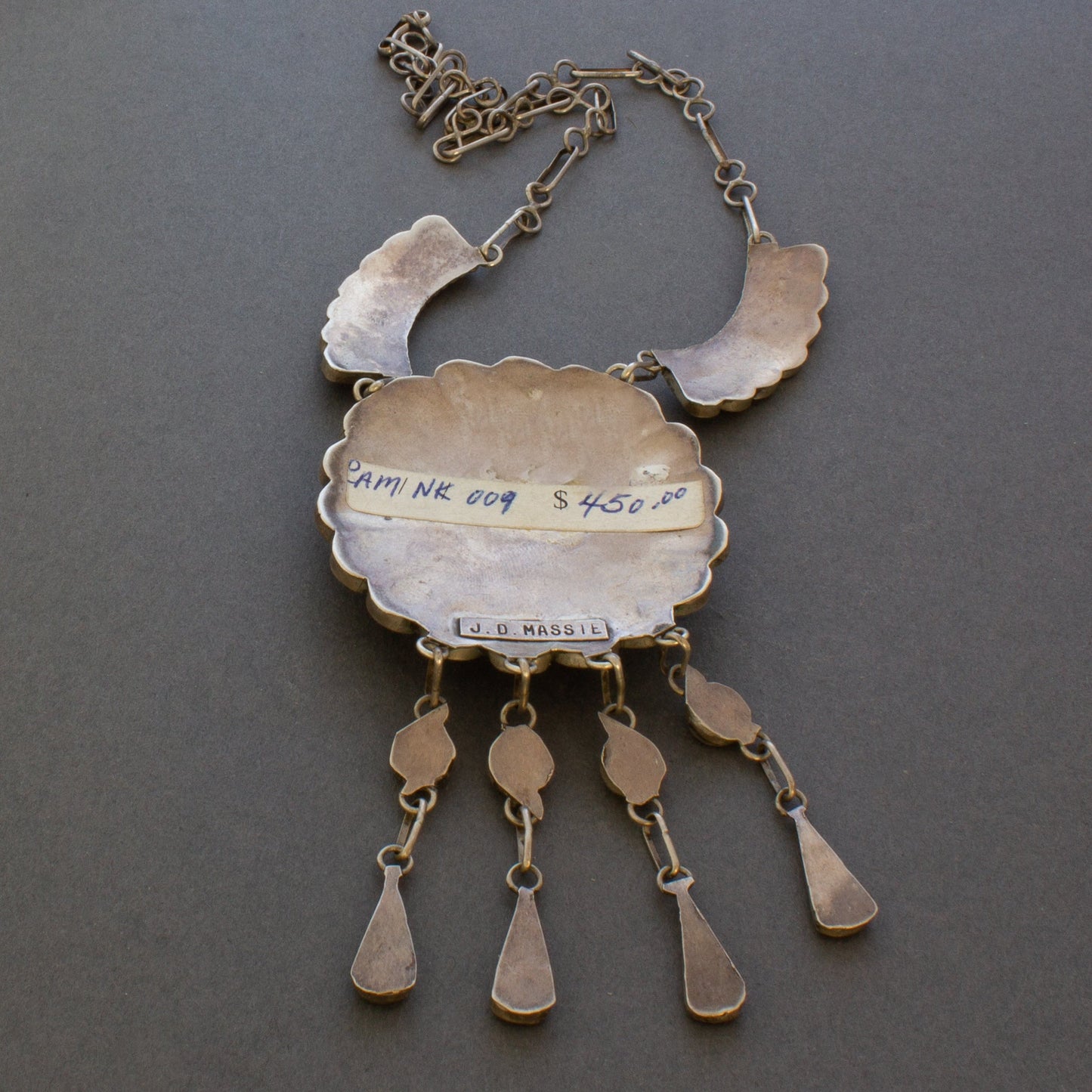 Vintage Zuni Inlay Sun God Dangle Necklace By J.D. Massie Reverse