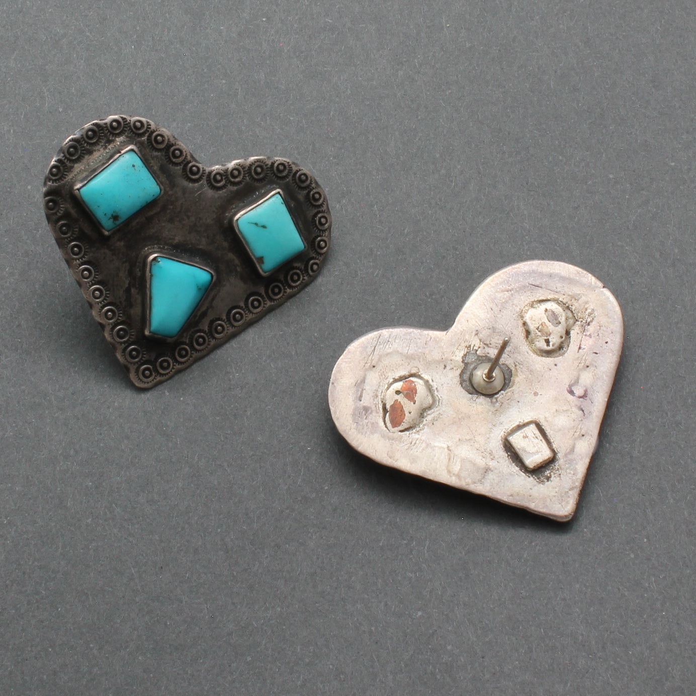 Old Navajo Heart Earrings of Silver and Turquoise Reverse