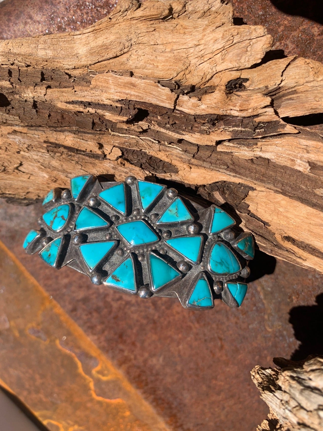 Old Navajo Cluster Bracelet of Natural Blue Gem Turquoise
