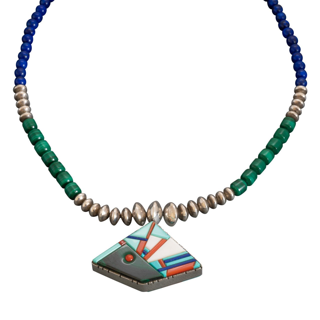 Beaded Necklace By Richard Tsosie With Dual Sided Inlay Pendant - Turquoise & Tufa