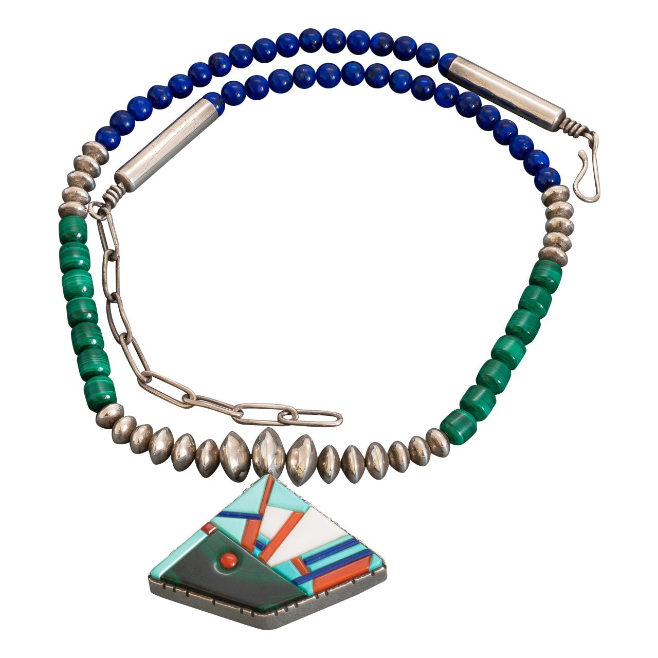 Beaded Necklace By Richard Tsosie With Dual Sided Inlay Pendant - Turquoise & Tufa
