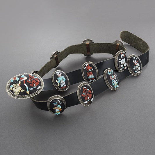 Beverly Etsate Concho Belt With Inlay Kachinas - Turquoise & Tufa