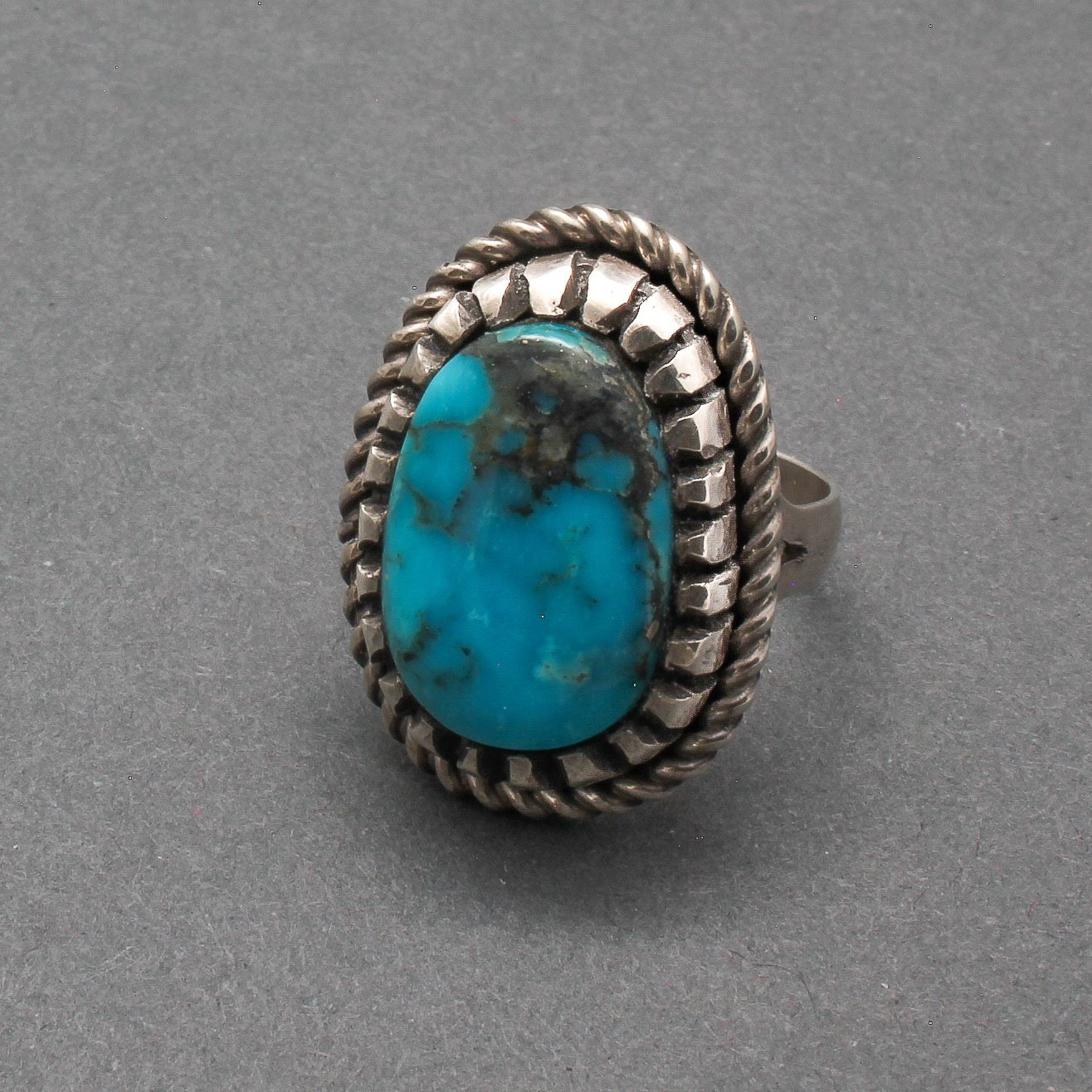 Bob Robbins Ring of Silver and Natural Turquoise With Saw Tooth Bezel - Turquoise & Tufa