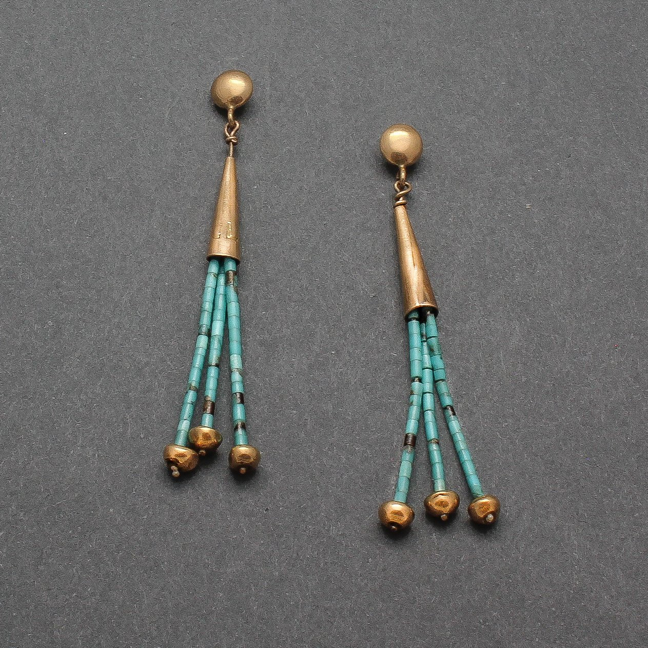 Charles Lovato Dangle Earrings of Turquoise Heishi and Gold - Turquoise & Tufa