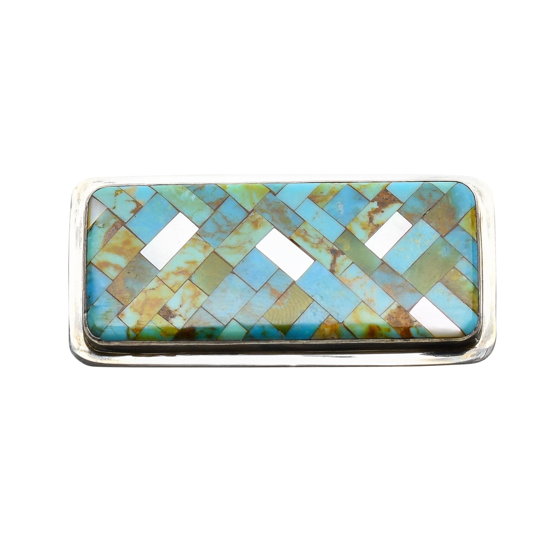 Charlie Bird Pin of Mosaic Inlay Turquoise and Mother of Pearl - Turquoise & Tufa