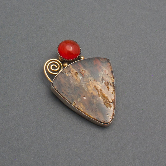 Contemporary Brooch By Mike Bird Romero of Carnelian and Agate - Turquoise & Tufa