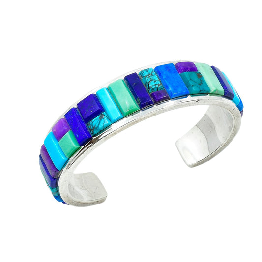 Contemporary Navajo Cobblestone Inlay Bracelet of Turquoise and Lapis - Turquoise & Tufa