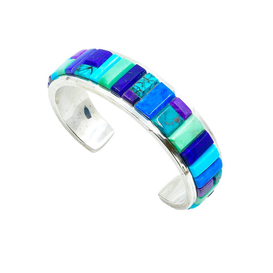 Contemporary Navajo Cobblestone Inlay Bracelet of Turquoise and Lapis - Turquoise & Tufa