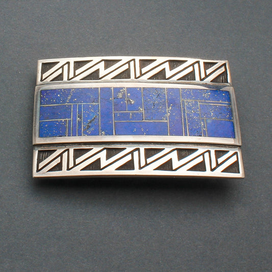 Contemporary Navajo Lightning Buckle With Inlay Lapis - Turquoise & Tufa