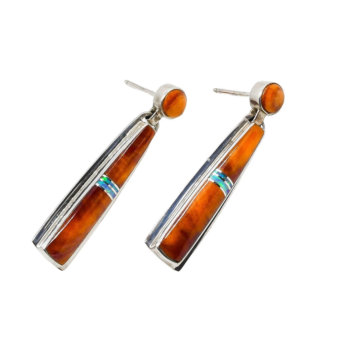Contemporary Navajo Mosaic Inlay Dangle Earrings of Spiny Oyster By Cathy Webster - Turquoise & Tufa