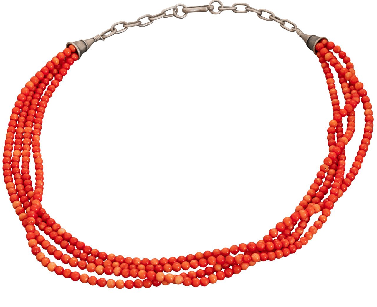 Coral Necklace With Four Strands of Vintage Round Coral Beads - Turquoise & Tufa