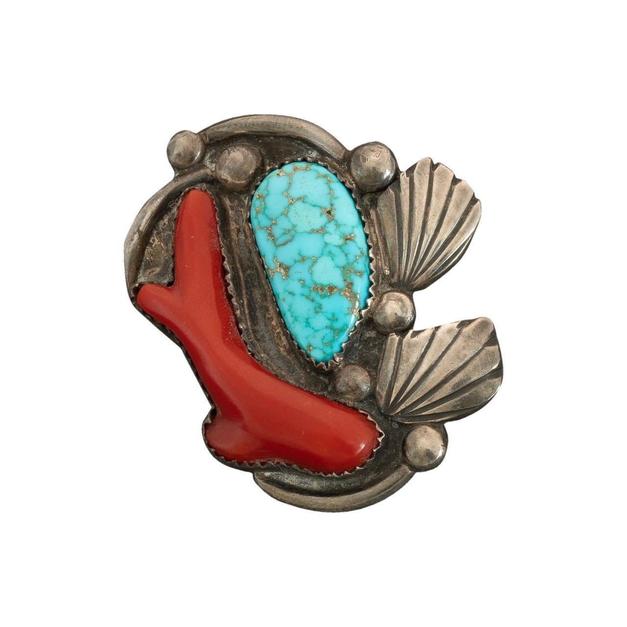 Dan Simplicio Brooch of Coral and Number 8 Turquoise - Turquoise & Tufa