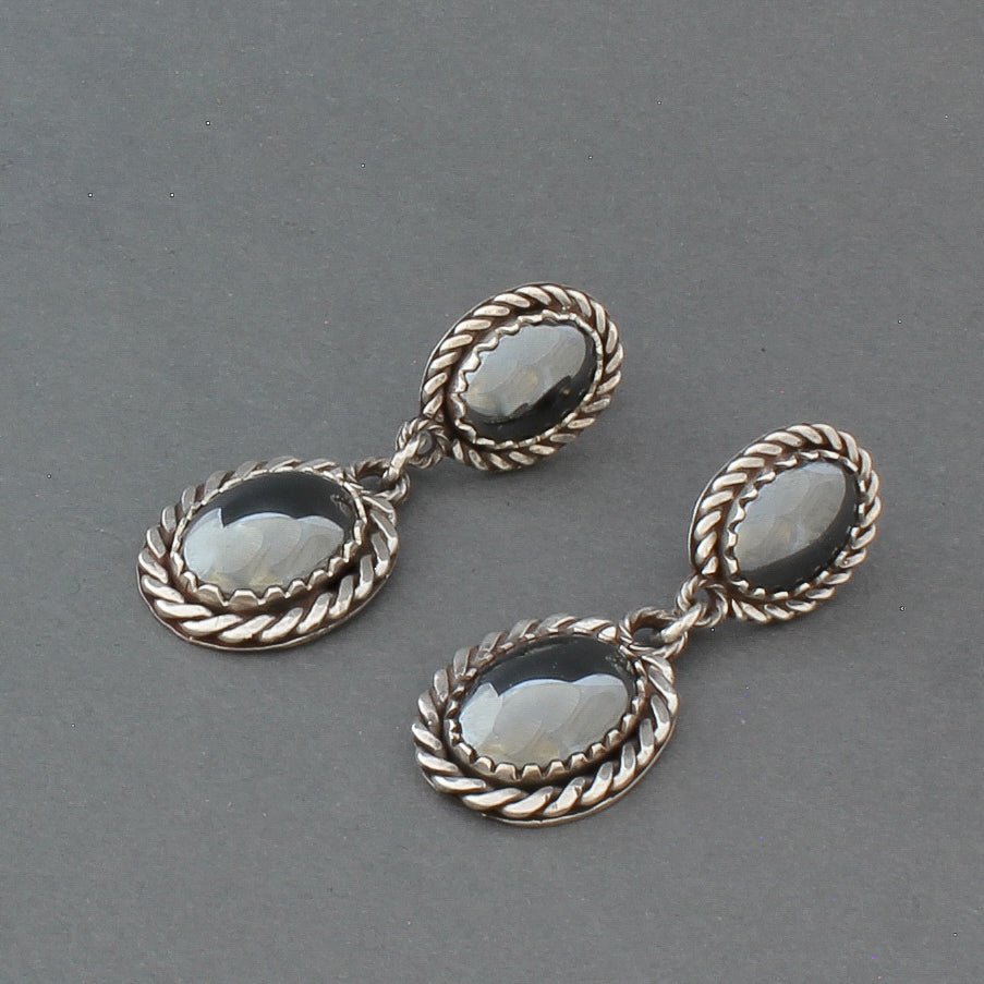 Dangle Earrings of Silver Rope Work and Hematite By Liz Wallace - Turquoise & Tufa