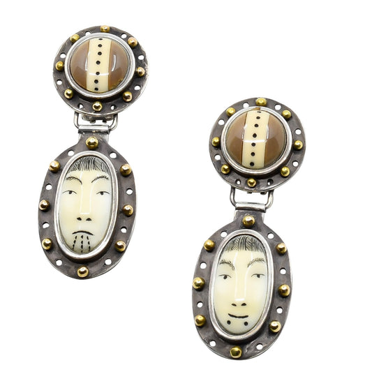 Denise Wallace Dangle Earrings of Scrimshaw Faces With Gold - Turquoise & Tufa