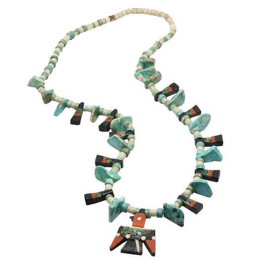 Depression Era Thunderbird Necklace With Turquoise Tabs and Beads - Turquoise & Tufa