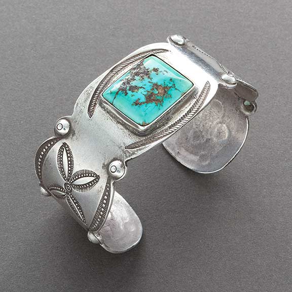 Early Navajo Silver Cuff Bracelet of Silver and Turquoise - Turquoise & Tufa