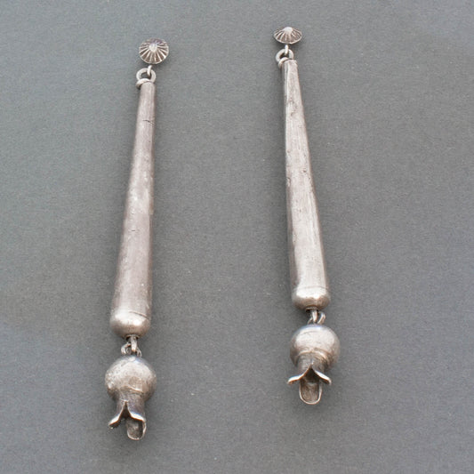 Early Silver Elongated Navajo Cone Dangle Earrings With Blossoms - Turquoise & Tufa