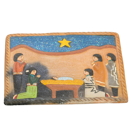 Elizabeth Manygoats Navajo Folk Art Nativity Pottery Tile - Turquoise & Tufa