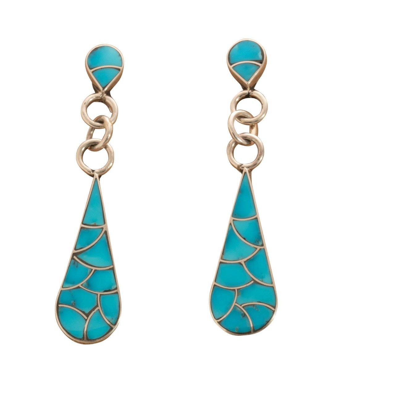 Elongated Zuni Dangle Earrings of Turquoise Fish Scale Inlay in Sterling Silver - Turquoise & Tufa