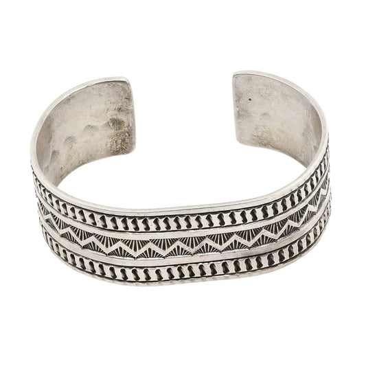 Extra Large Vintage Navajo Silver Stamped Bracelet By Ben Yellowhorse - Turquoise & Tufa